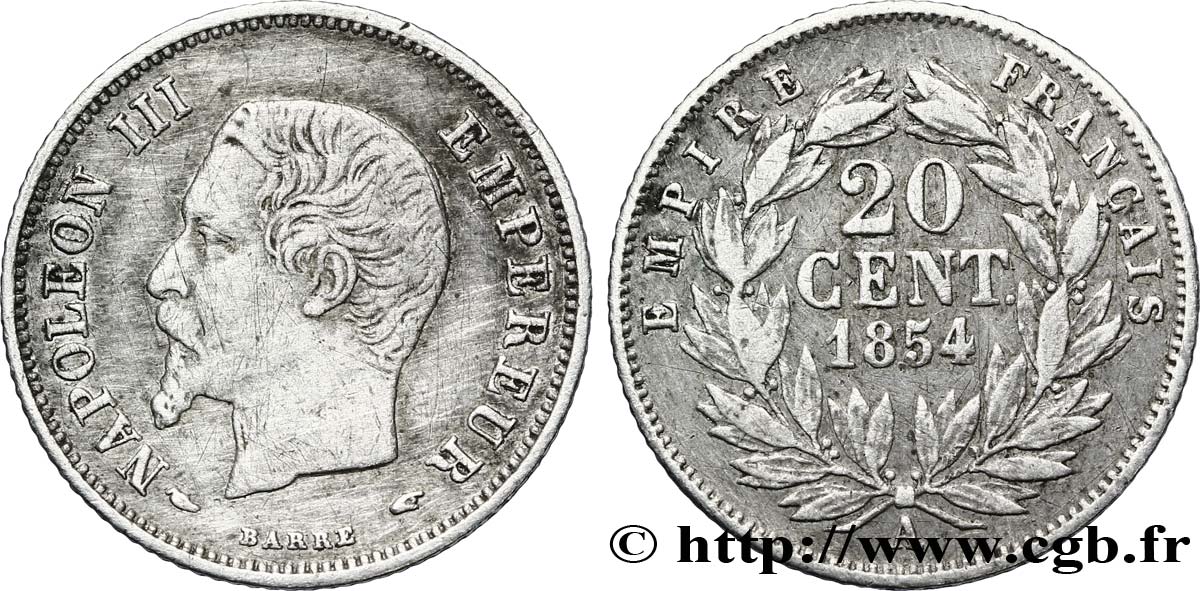20 centimes Napoléon III, tête nue 1854 Paris F.148/2 TTB48 