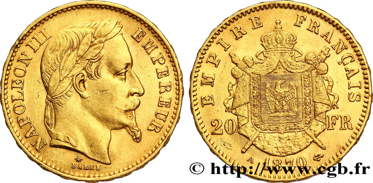 20 francs or Napoléon III, tête laurée 1870 Paris F.532/23 AU52 