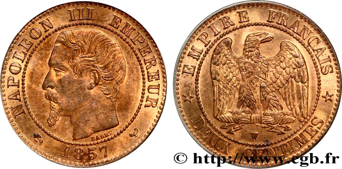 Deux centimes Napoléon III, tête nue 1857 Lille F.107/51 MS64 