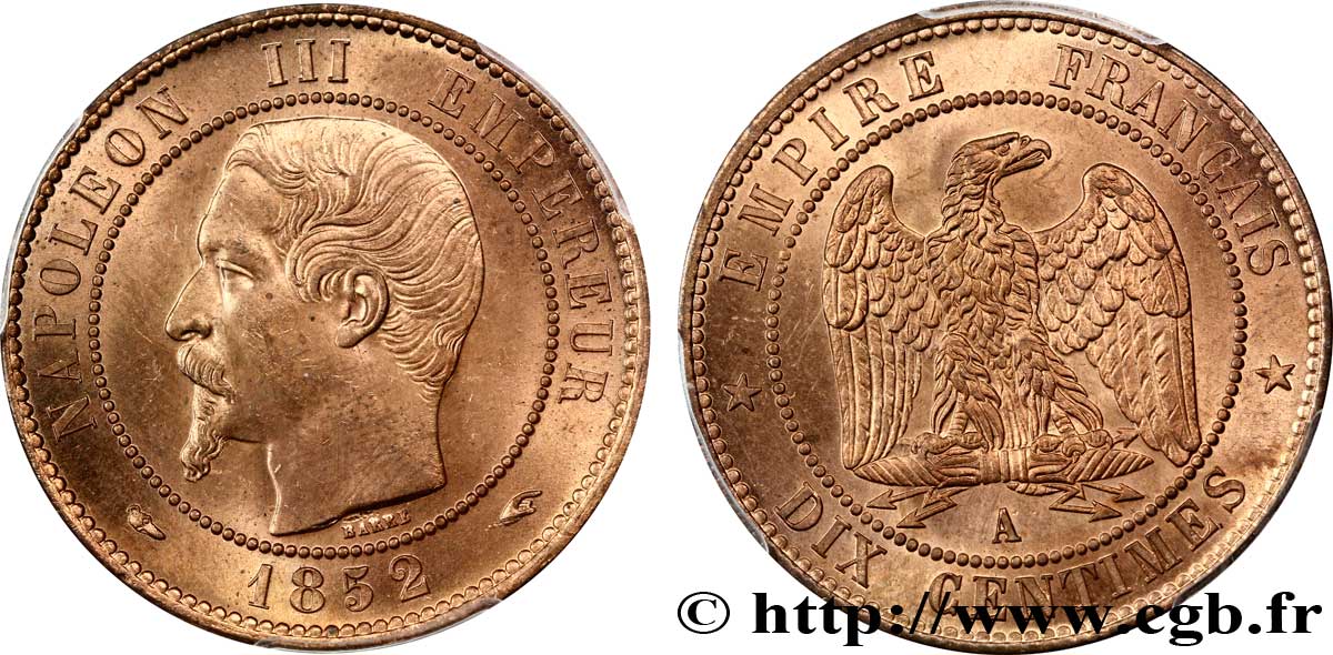 Dix centimes Napoléon III, tête nue 1852 Paris F.133/1 FDC65 