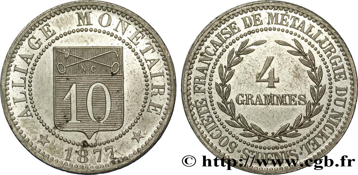 Essai d’alliage de 10 centimes 1877  VG.3897  AU58 