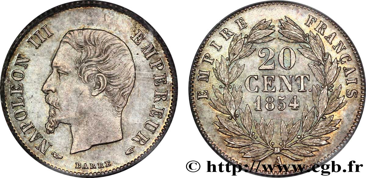 20 centimes Napoléon III, tête nue 1854 Paris F.148/2 SPL63 