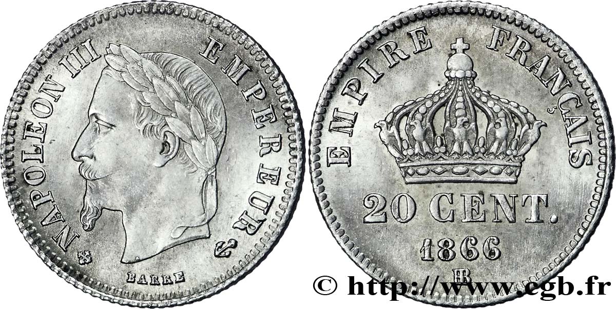 20 centimes Napoléon III, tête laurée, petit module 1866 Strasbourg F.149/5 SPL63 