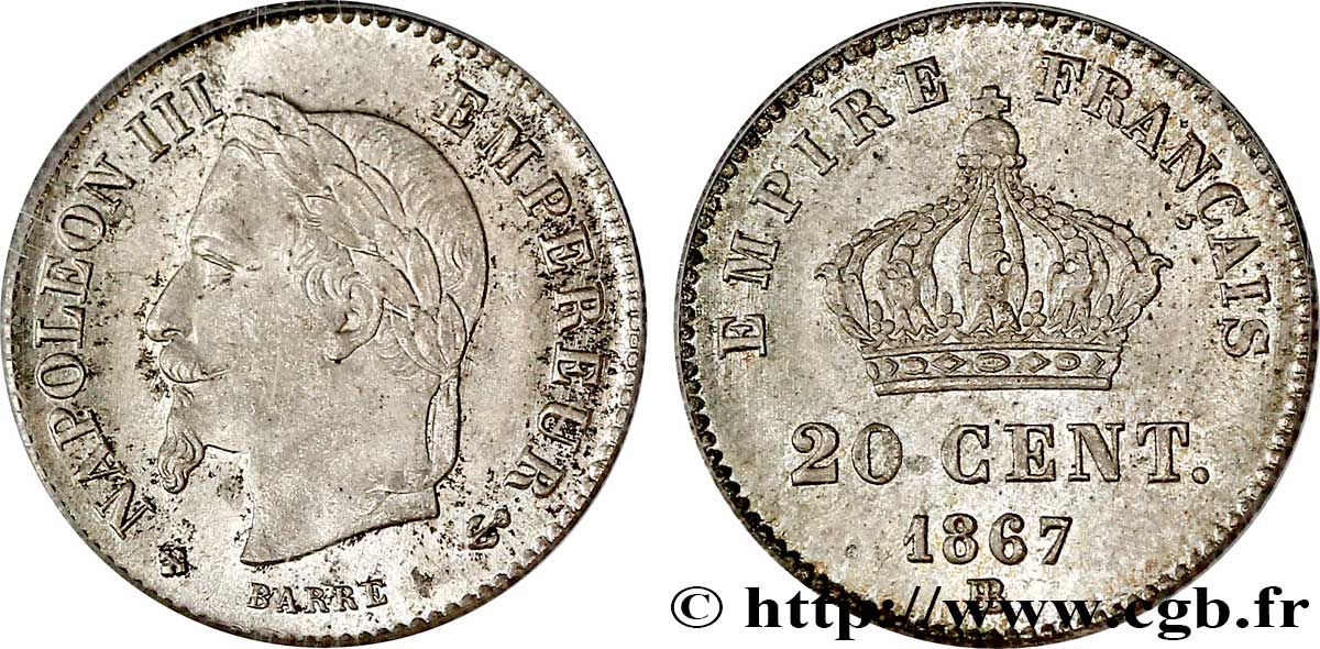 20 centimes Napoléon III, tête laurée, grand module 1867 Strasbourg F.150/2 FDC66 PCGS