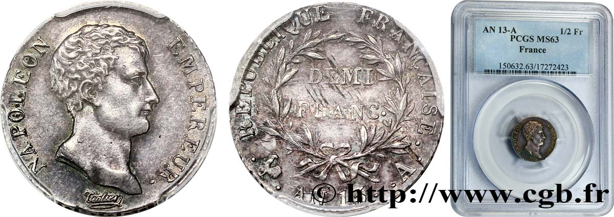Demi-franc Napoléon Empereur, Calendrier révolutionnaire 1805 Paris F.174/10 SPL63 PCGS