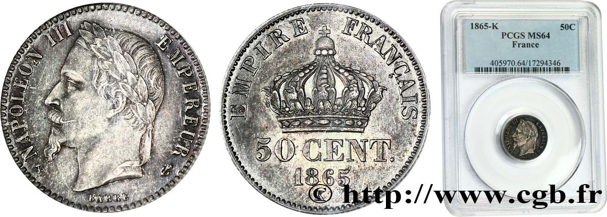 50 centimes Napoléon III, tête laurée 1865 Bordeaux F.188/8 fST64 PCGS