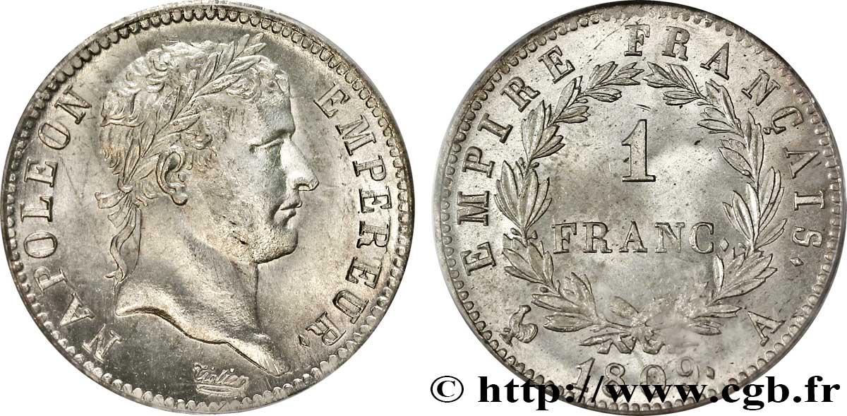 1 franc Napoléon Ier tête laurée, Empire français 1809 Paris F.205/1 fST64 