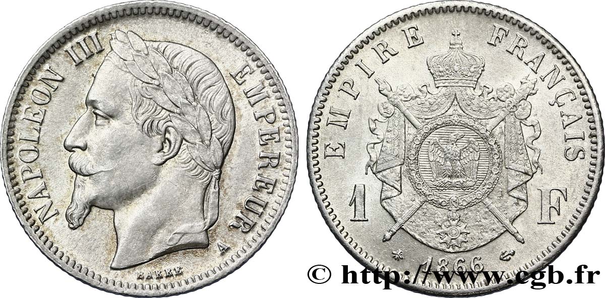1 franc Napoléon III, tête laurée 1866 Paris F.215/3 SUP60 