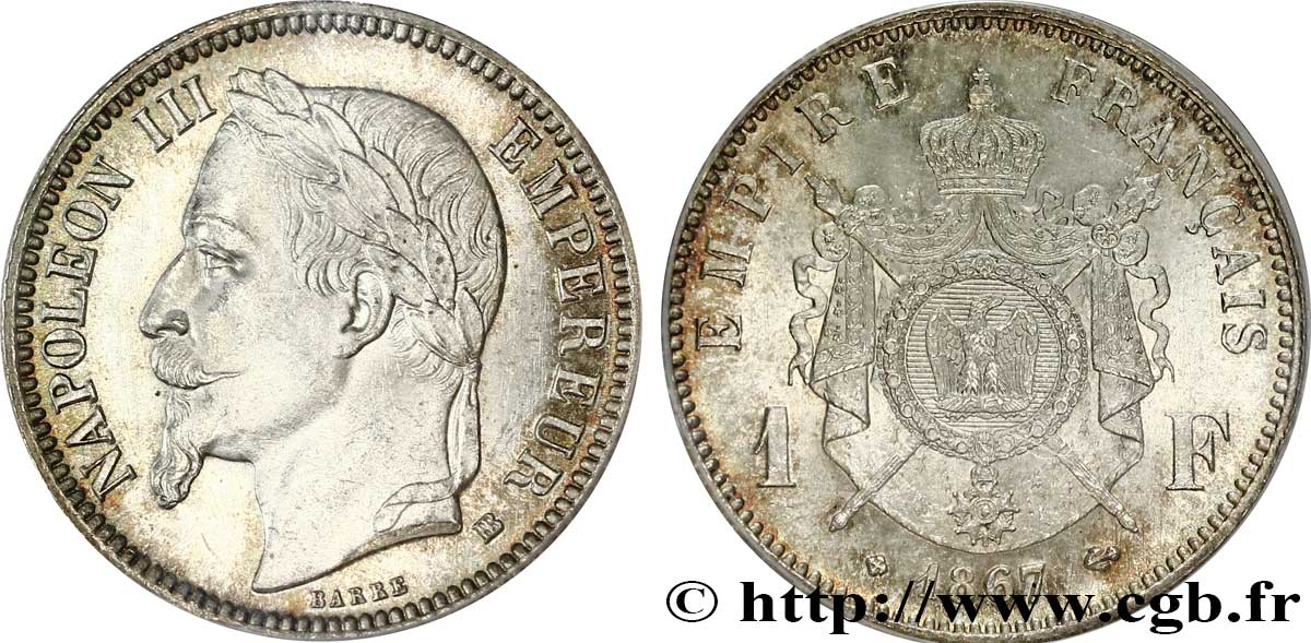 1 franc Napoléon III, tête laurée 1867 Strasbourg F.215/7 VZ62 