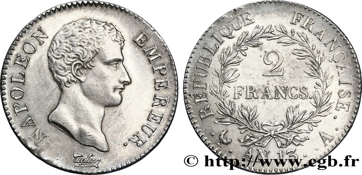 2 francs Napoléon Empereur, Calendrier révolutionnaire 1805 Paris F.251/12 SPL63 