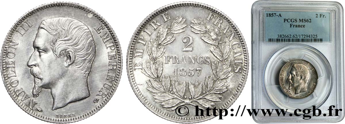 2 francs Napoléon III, tête nue 1857 Paris F.262/9 EBC62 PCGS