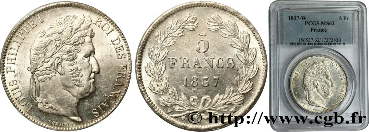 5 francs IIe type Domard 1837 Lille F.324/67 MS62 PCGS