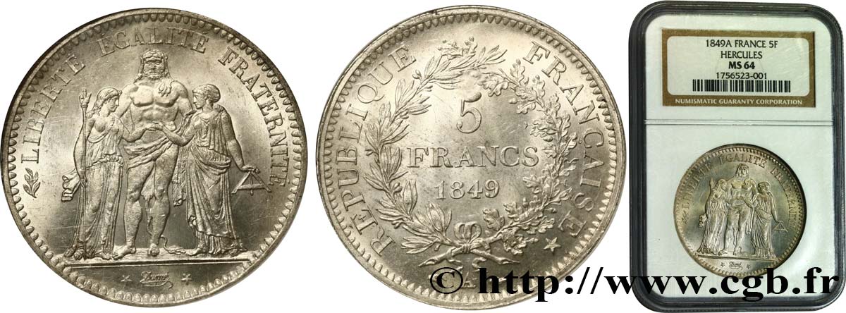 5 francs Hercule, IIe République 1849 Paris F.326/5 MS64 NGC