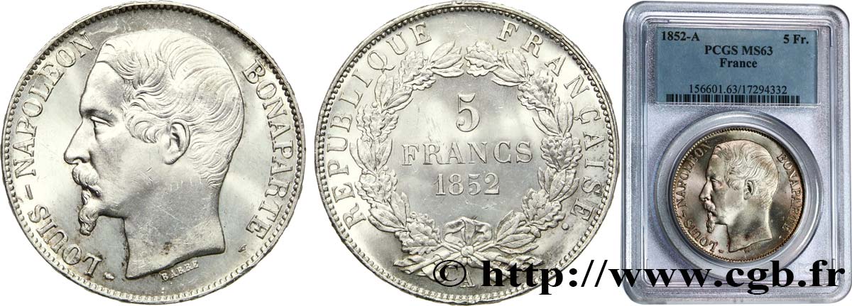 5 francs Louis-Napoléon, 1er type 1852 Paris F.329/1 MS63 PCGS
