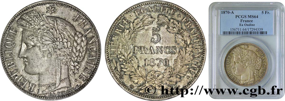 5 francs Cérès, avec légende 1870 Paris F.333/1 SC64 PCGS