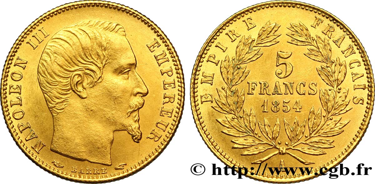 5 francs or Napoléon III, tête nue, petit module, tranche cannelée 1854 Paris F.500A/1 TTB48 