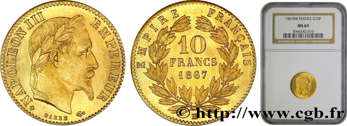 10 francs or Napoléon III, tête laurée, type définitif à grand 10 1867 Strasbourg F.507A/16 SC64 NGC
