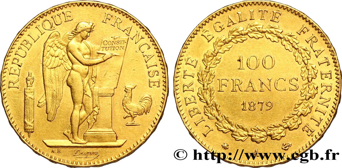 100 francs or Génie, tranche inscrite en relief Dieu protège la France 1879 Paris F.552/2 BB50 