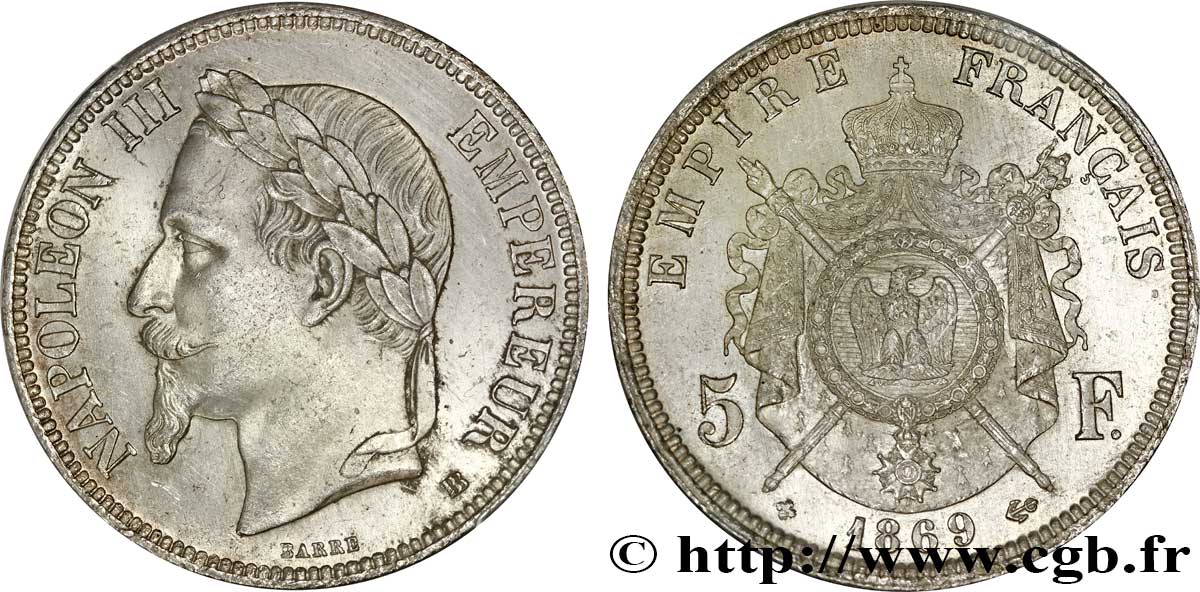 5 francs Napoléon III, tête laurée 1869 Strasbourg F.331/15 SPL63 