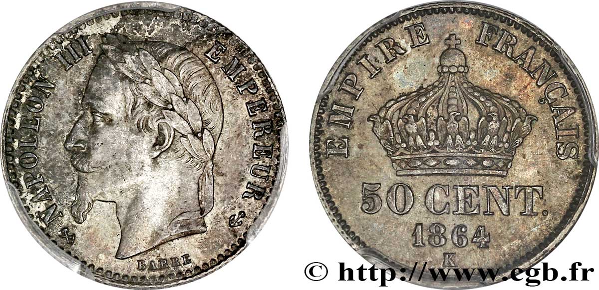 50 centimes Napoléon III, tête laurée 1864 Bordeaux F.188/4 VZ62 