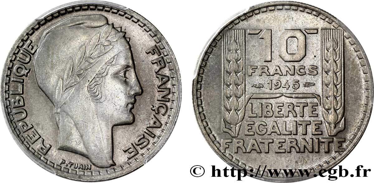 10 francs Turin, grosse tête, rameaux courts 1945  F.361A/1 MS63 