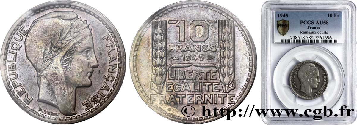 10 francs Turin, grosse tête, rameaux courts 1945  F.361A/1 SUP55 