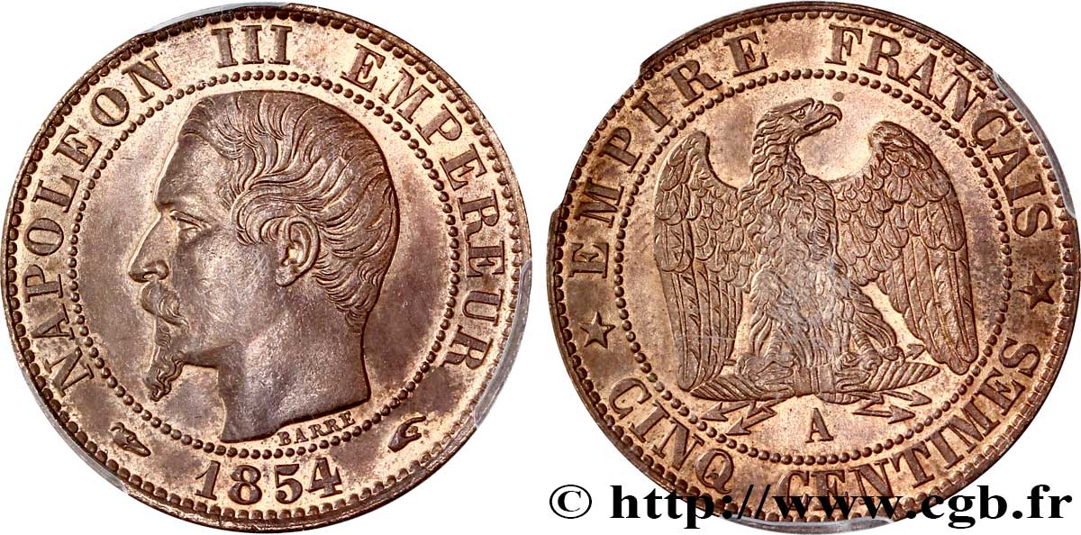 Cinq centimes Napoléon III, tête nue 1854 Paris F.116/8 SPL64 