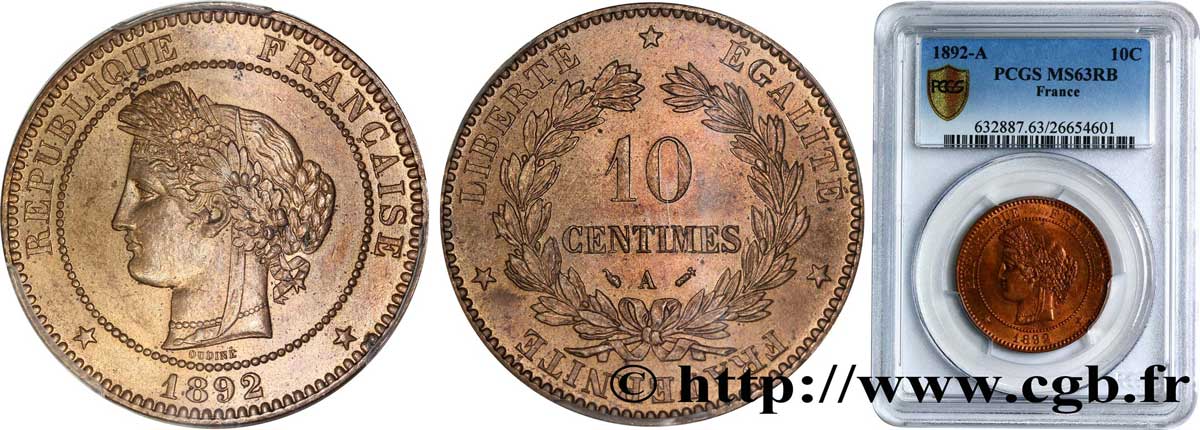 10 centimes Cérès 1892 Paris F.135/37 fST63 PCGS