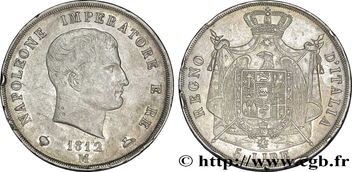 5 lire Napoléon Empereur et Roi d’Italie, 2ème type, tranche en creux 1812 Milan M.226  TTB48 