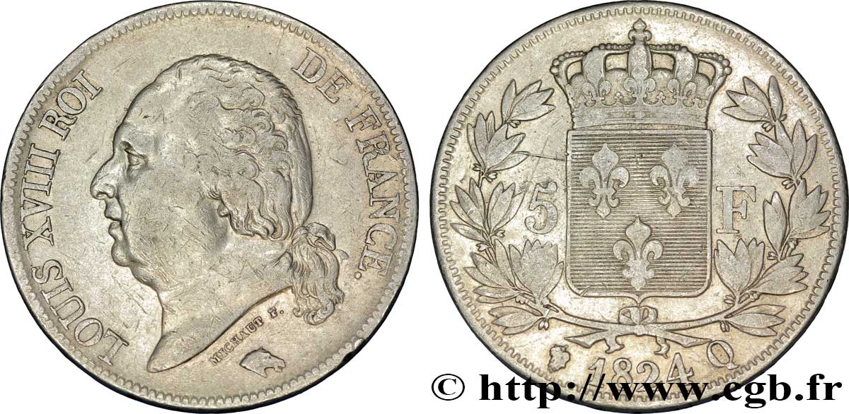 5 francs Louis XVIII, tête nue 1824 Perpignan F.309/97 TB28 