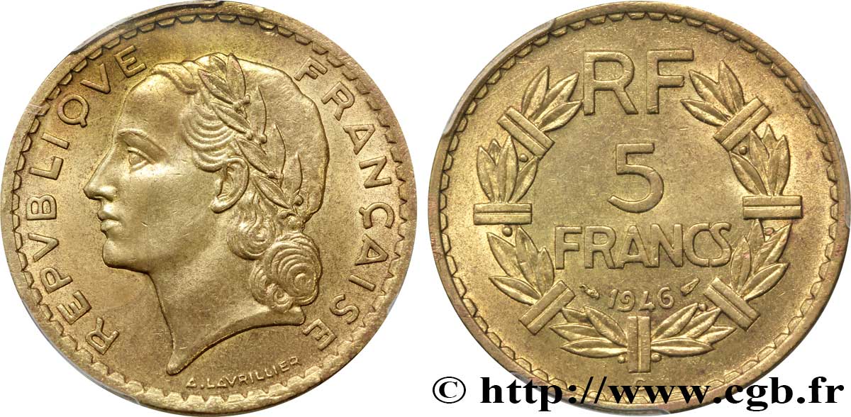 5 francs Lavrillier, bronze-aluminium 1946 Castelsarrasin F.337/8 MS63 