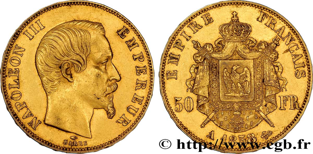 50 francs or Napoléon III, tête nue 1858 Paris F.547/5 AU50 