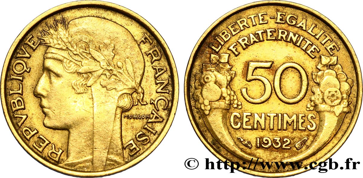 50 centimes Morlon, sans raisin ni fruit, 9 et 2 ouverts 1932  F.192/8 AU50 
