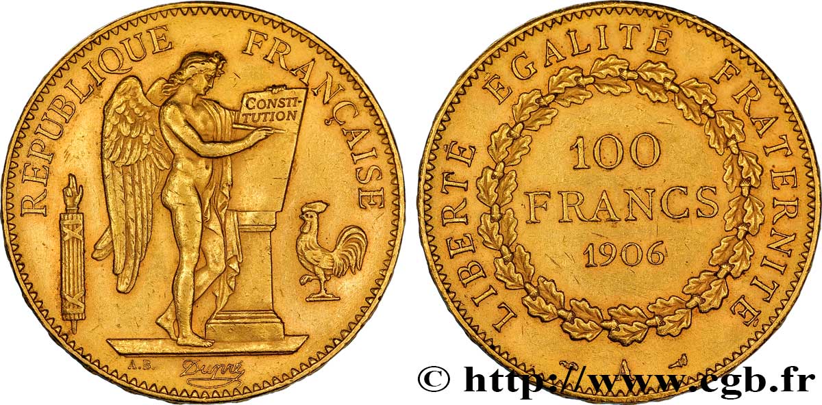 100 francs or Génie, tranche inscrite en relief Dieu protège la France 1906 Paris F.552/19 AU50 