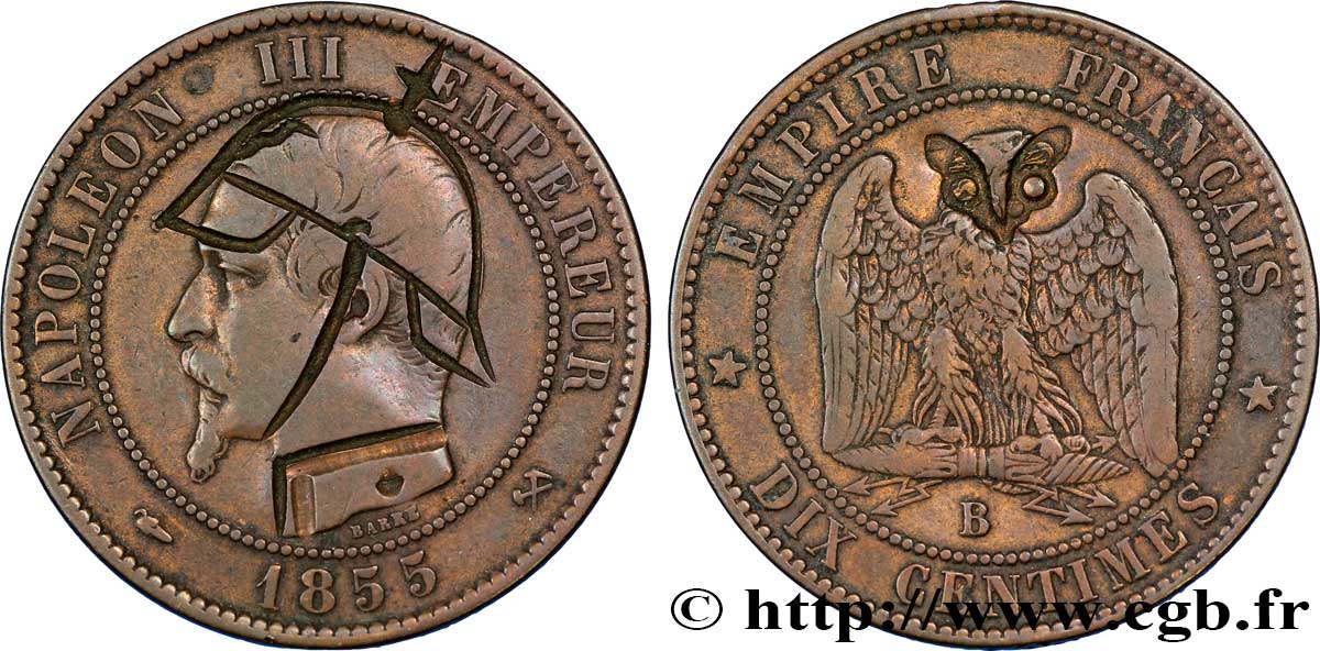 Dix centimes Napoléon III, tête nue, satirique 1855 Rouen F.133/21 var. TB35 
