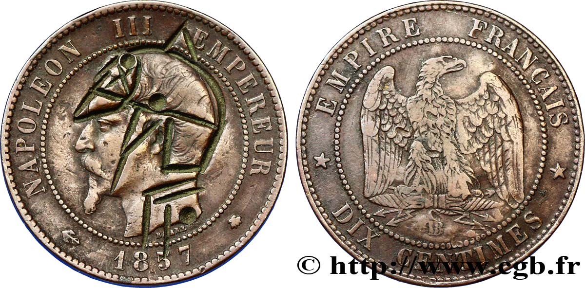 Dix centimes Napoléon III, tête nue, satirique 1857 Strasbourg F.133/43 var. VF20 