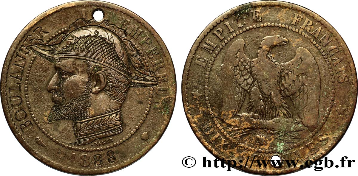 Dix centimes Napoléon III, tête nue, satirique pour le Général Boulanger 1888 Marseille F.133/- var. TB15 