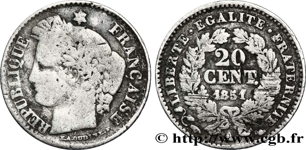 20 centimes Cérès, IIe République 1851 Paris F.146/7 B8 