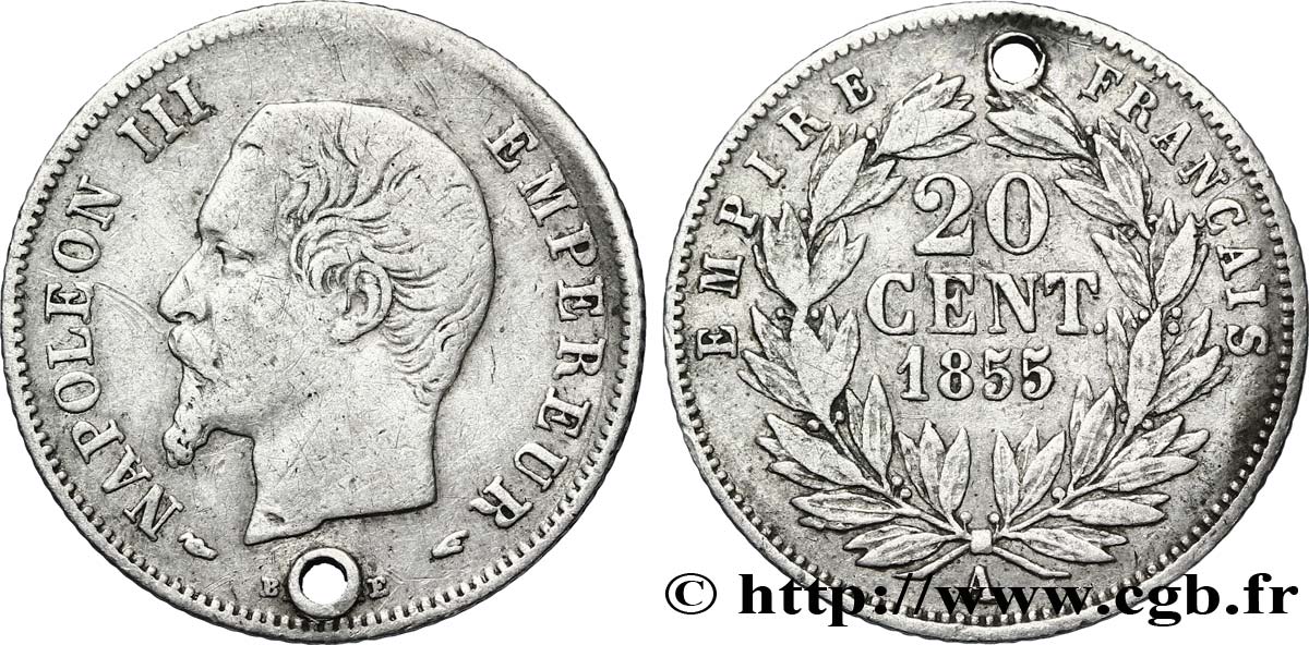 20 centimes Napoléon III, tête nue 1855 Paris F.148/3 TB 