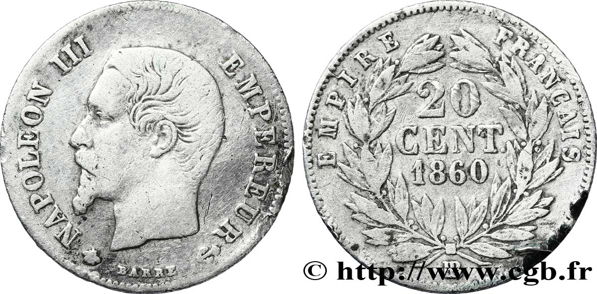 20 centimes Napoléon III, tête nue 1860 Strasbourg F.148/16 TB 