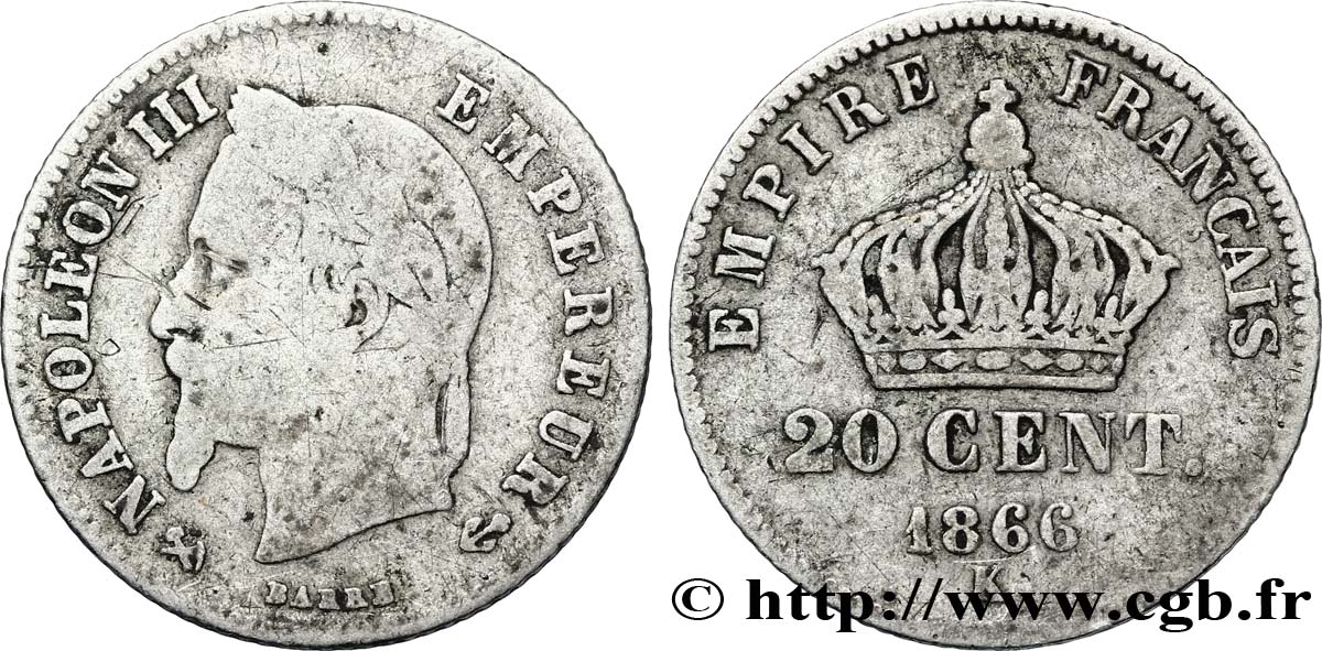 20 centimes Napoléon III, tête laurée, petit module 1866 Bordeaux F.149/6 B8 