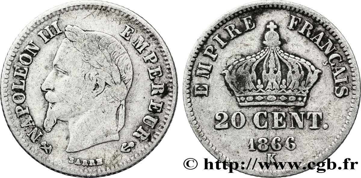20 centimes Napoléon III, tête laurée, petit module 1866 Bordeaux F.149/6 B10 
