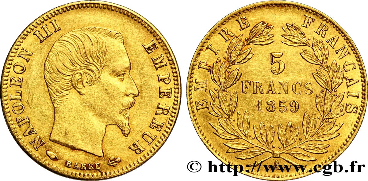 5 francs or Napoléon III, tête nue, grand module 1859 Paris F.501/7 TTB48 