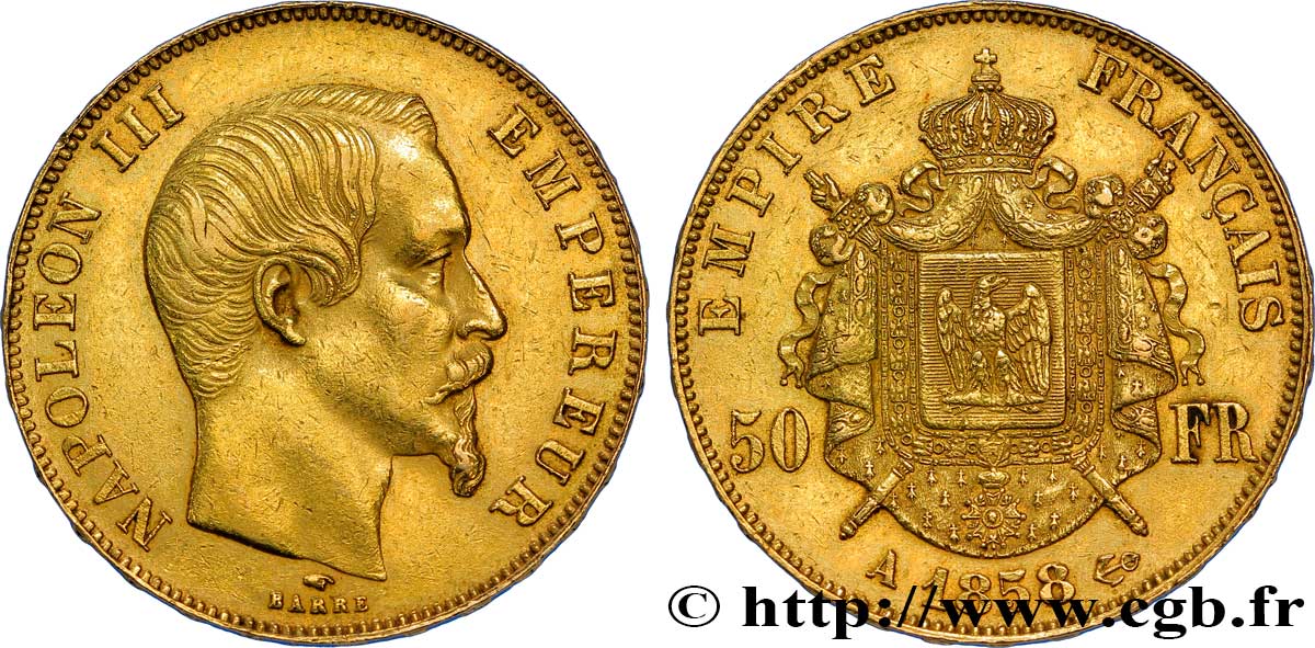 50 francs or Napoléon III, tête nue 1858 Paris F.547/5 TTB50 