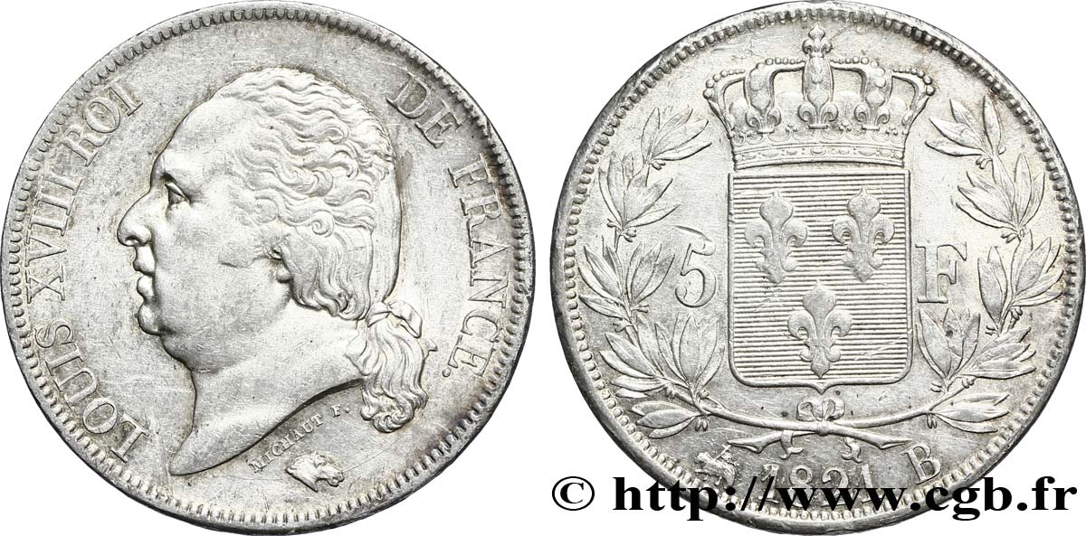 5 francs Louis XVIII, tête nue 1821 Rouen F.309/61 TTB48 