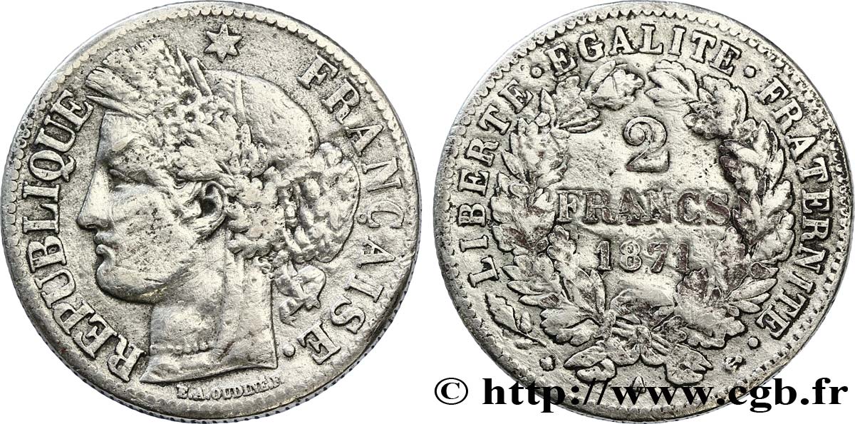 Faux de 2 francs Cérès, avec légende 1871 Paris F.265/5 var. MBC45 