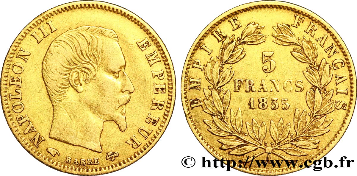 5 francs or Napoléon III, tête nue, grand module 1855 Paris F.501/1 SS45 
