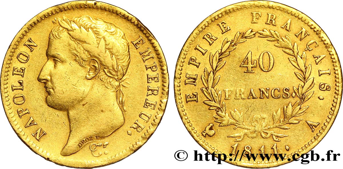 40 francs or Napoléon tête laurée, Empire français 1811 Paris F.541/6 SS48 