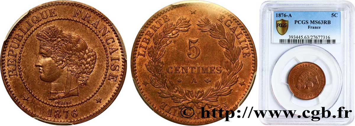 5 centimes Cérès 1876 Paris F.118/13 fST63 PCGS
