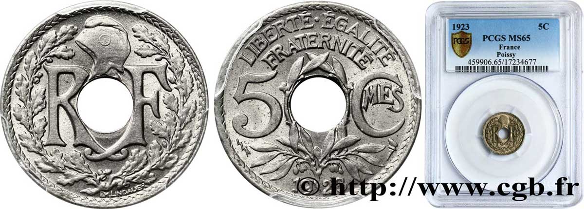 5 centimes Lindauer, petit module 1923 Poissy F.122/7 MS65 PCGS